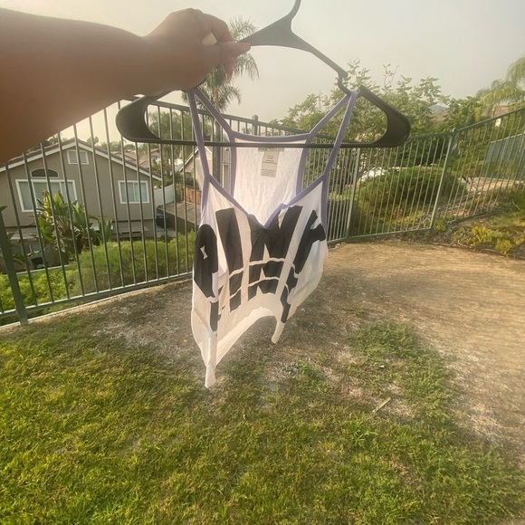 PINK white tank top , used​ - Picture 2 of 7